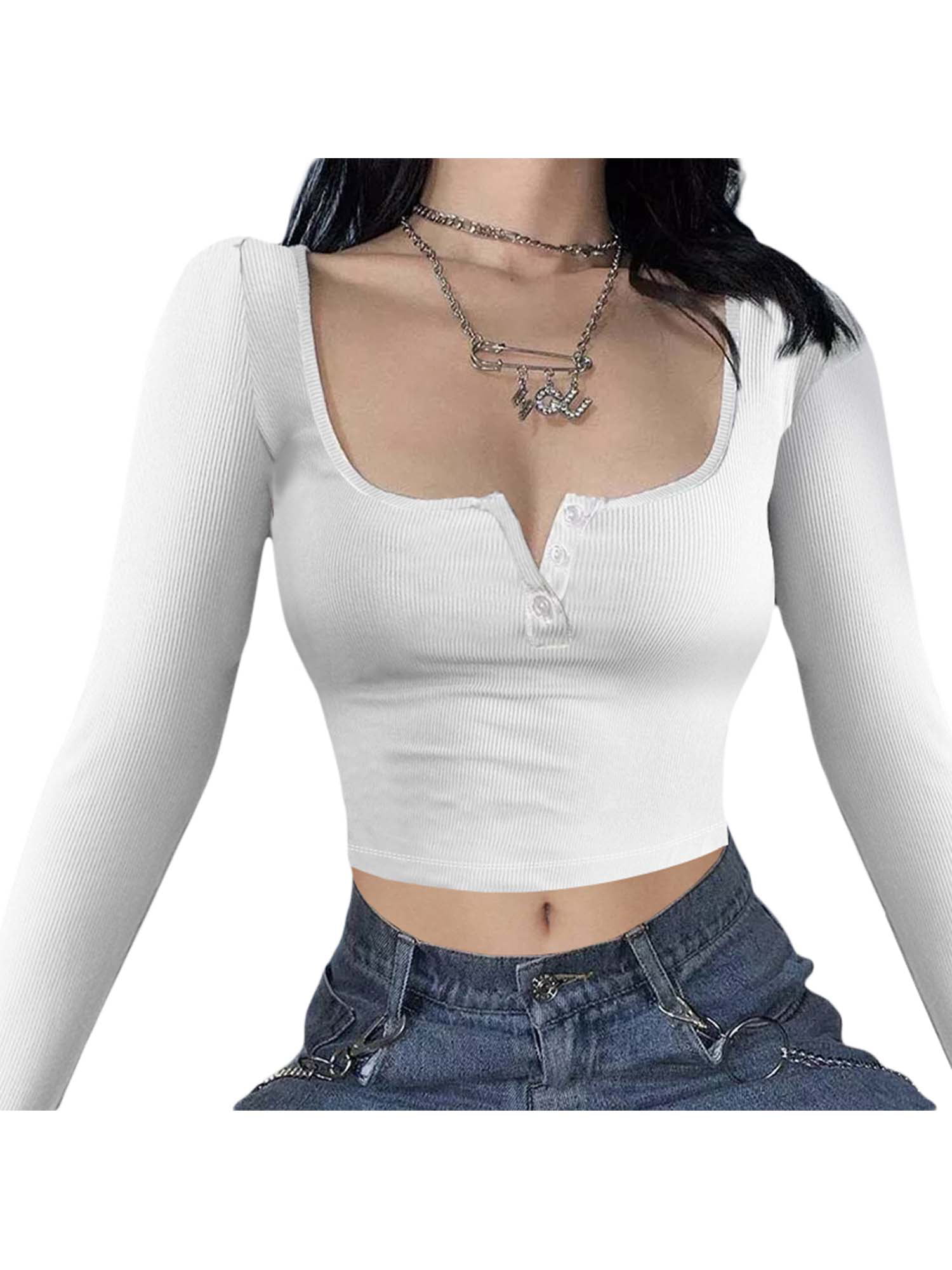 wybzd Women Y2K Skinny Long Sleeve Crop Top Square Neck Low Cut Basic Tee  Ribbed Slim Fitted Pullover Tops White S