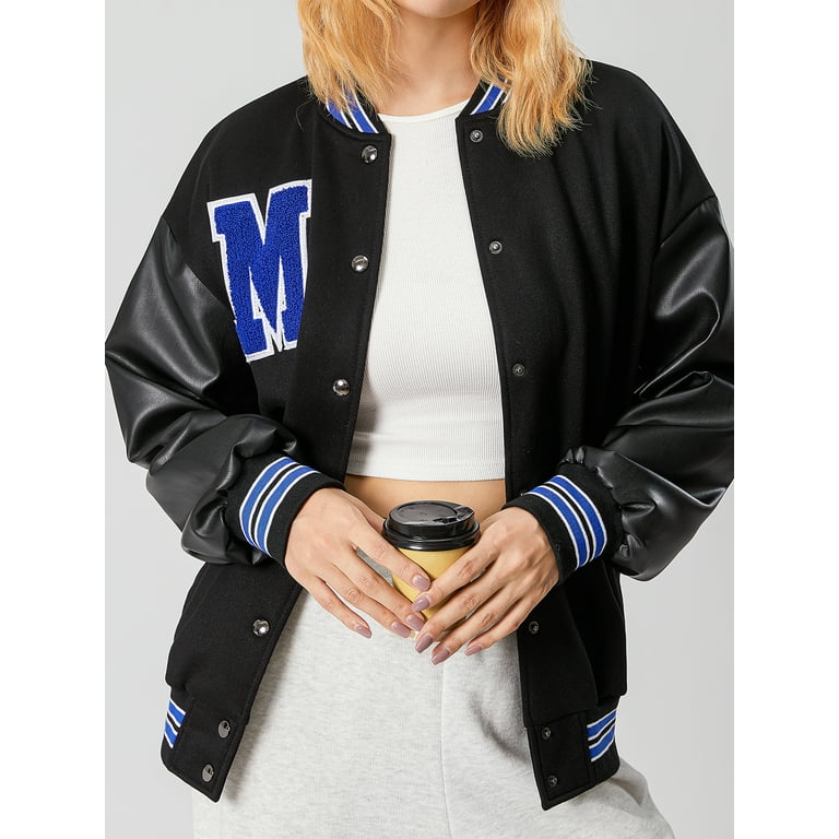 wybzd Women Y2k Oversized Bomber Jacket Button Down PU Baseball