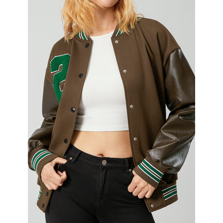 wybzd Women Y2k Oversized Bomber Jacket Button Down PU Baseball Coat  Harajuku Vintage Fall Varsity Jacket Outwear Brown Green S 
