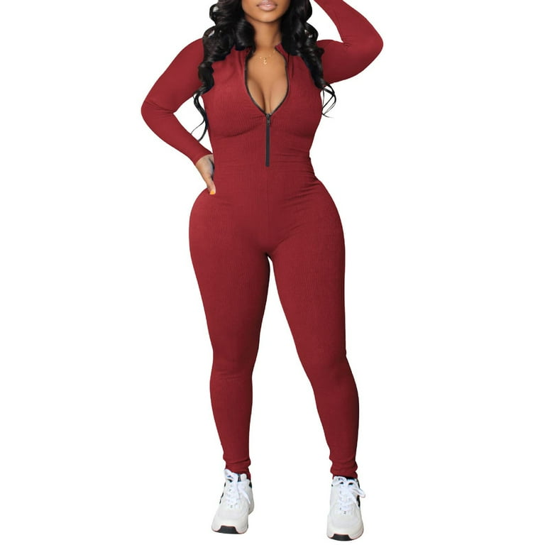 wybzd Women Zip Up One Piece Bodycon Jumpsuit Deep V Neck Long Sleeve Ribbed  Jumpsuit Romper Party Clubwear Outfits Wine Red M 