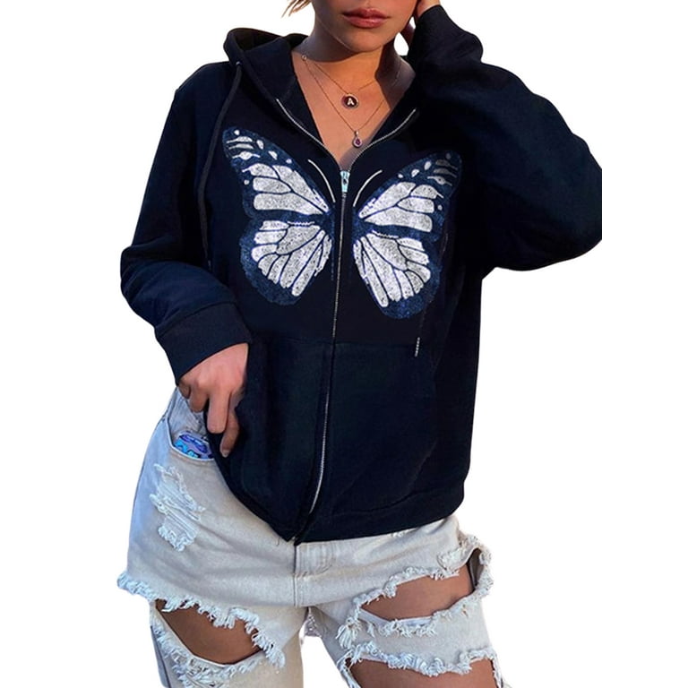 wybzd Women s Butterfly Graphic Print Hoodies Sweatshirt Zip Up