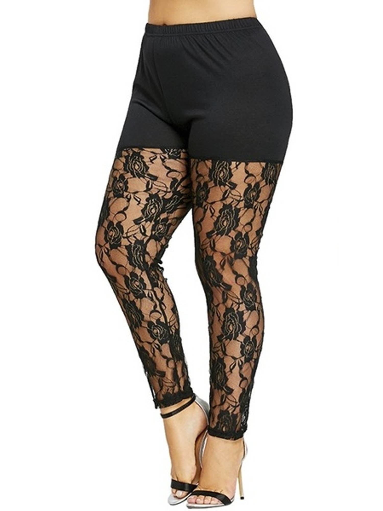 wybzd Women's Lace Hollow Leggings Floral Plus Size Stretch Pants Lace  Insert Sheer Leggings Black XL 