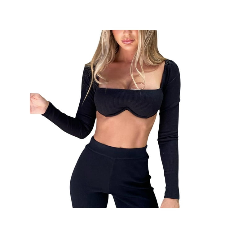 wybzd Women's Rib Knit Crop Tops Long Sleeve Square Neck Solid Color  Stretchy Super-Short T-Shirts Bra Black L 