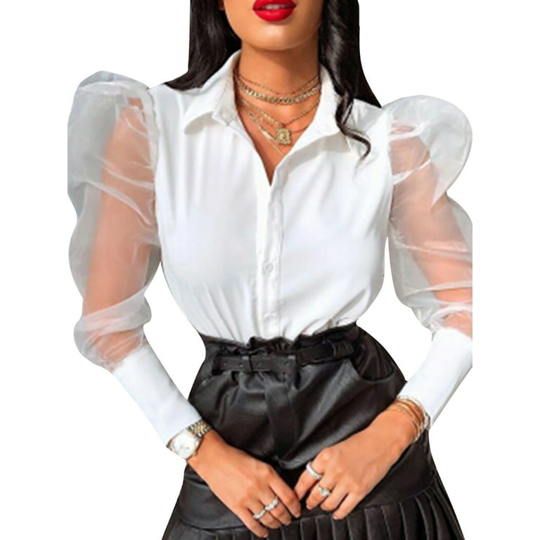 wybzd Women's Sheer Mesh Puff Long Sleeve Tops Button Down Blouse Shirt  Loose Fit Party Clubwear White M 