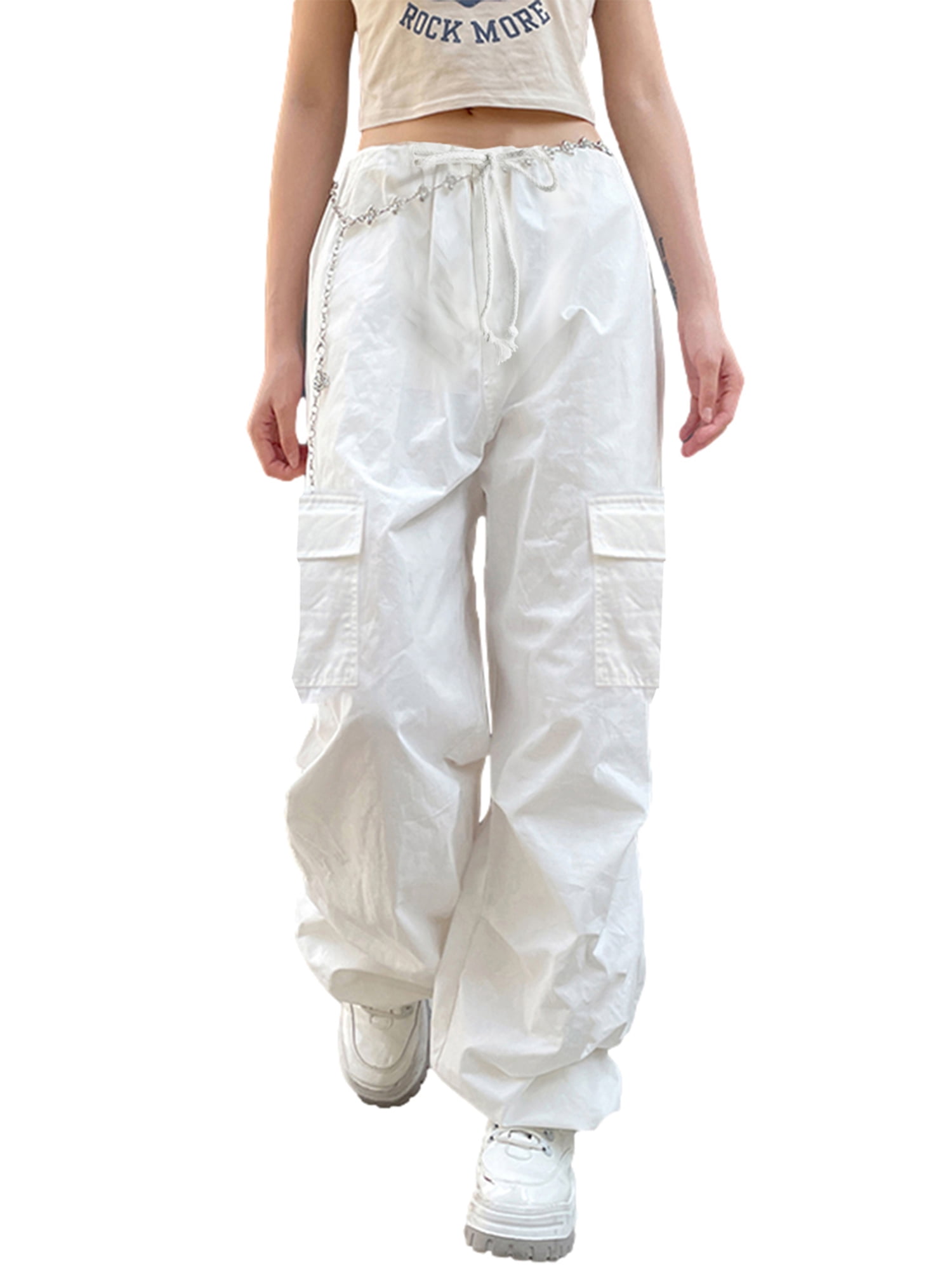 wybzd Women's Spring Autumn Casual Cargo Pants Mid Waist Multi-pockets  Drawstring Straight Leg Pants White S