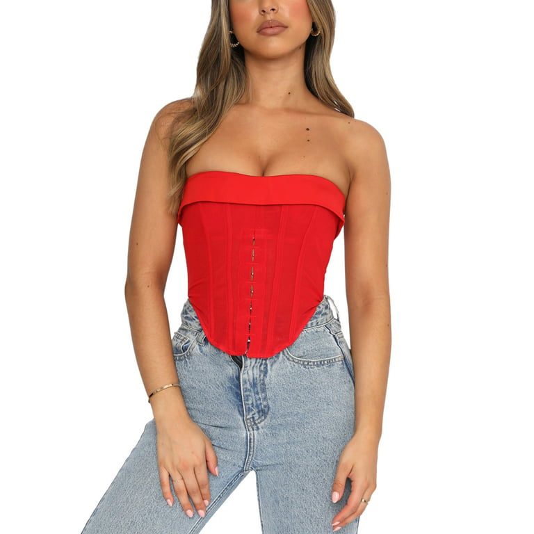 wybzd Women's Strapless Mesh Bustier Corsets Sleeveless Crop Tube Top  Camisole Tank Tops Red XL