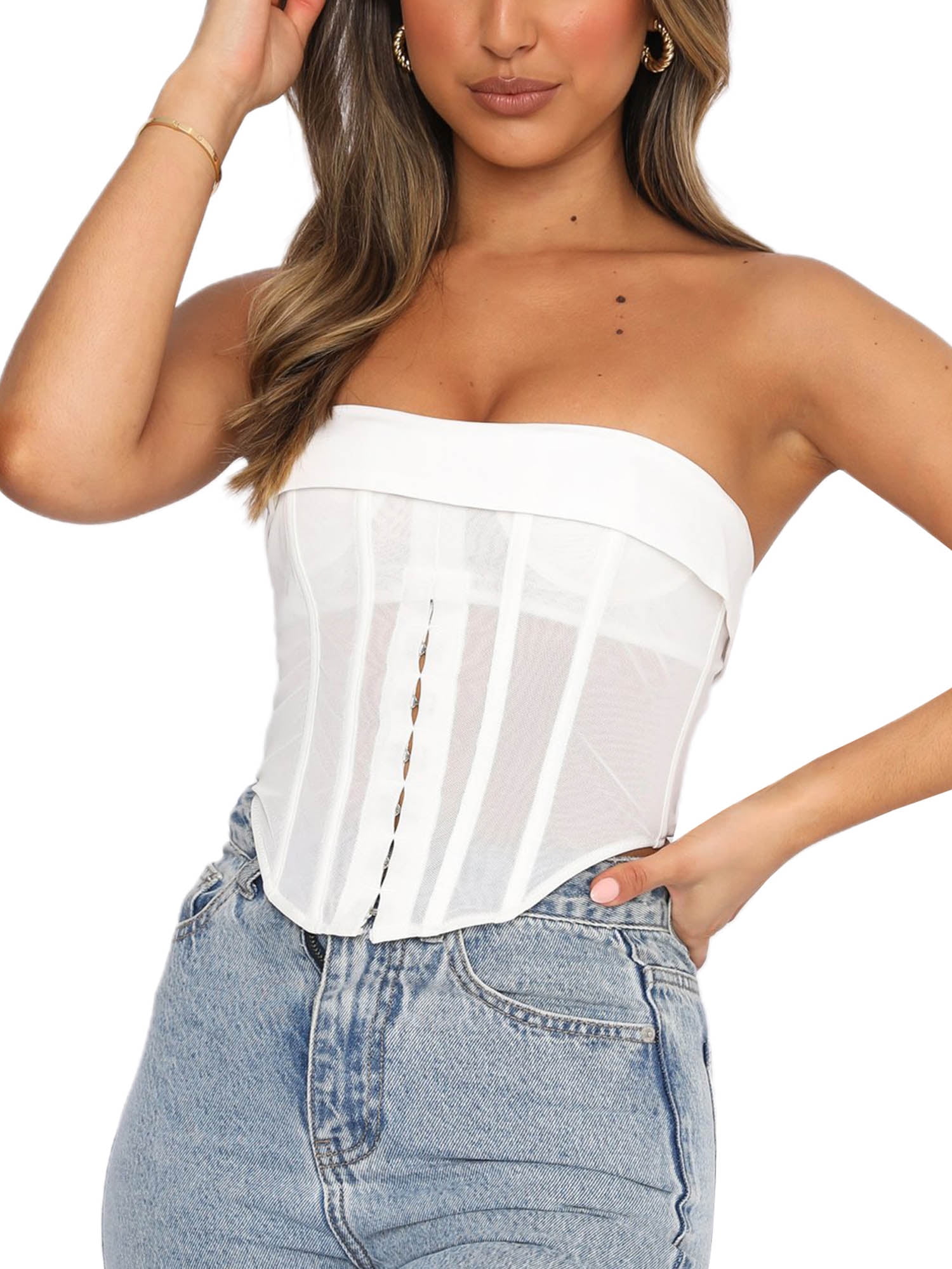 wybzd Women's Strapless Mesh Bustier Corsets Sleeveless Crop Tube Top  Camisole Tank Tops White M 