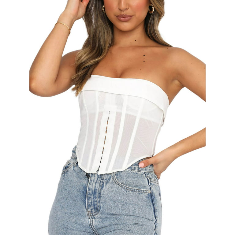 wybzd Women's Strapless Mesh Bustier Corsets Sleeveless Crop Tube Top  Camisole Tank Tops White S