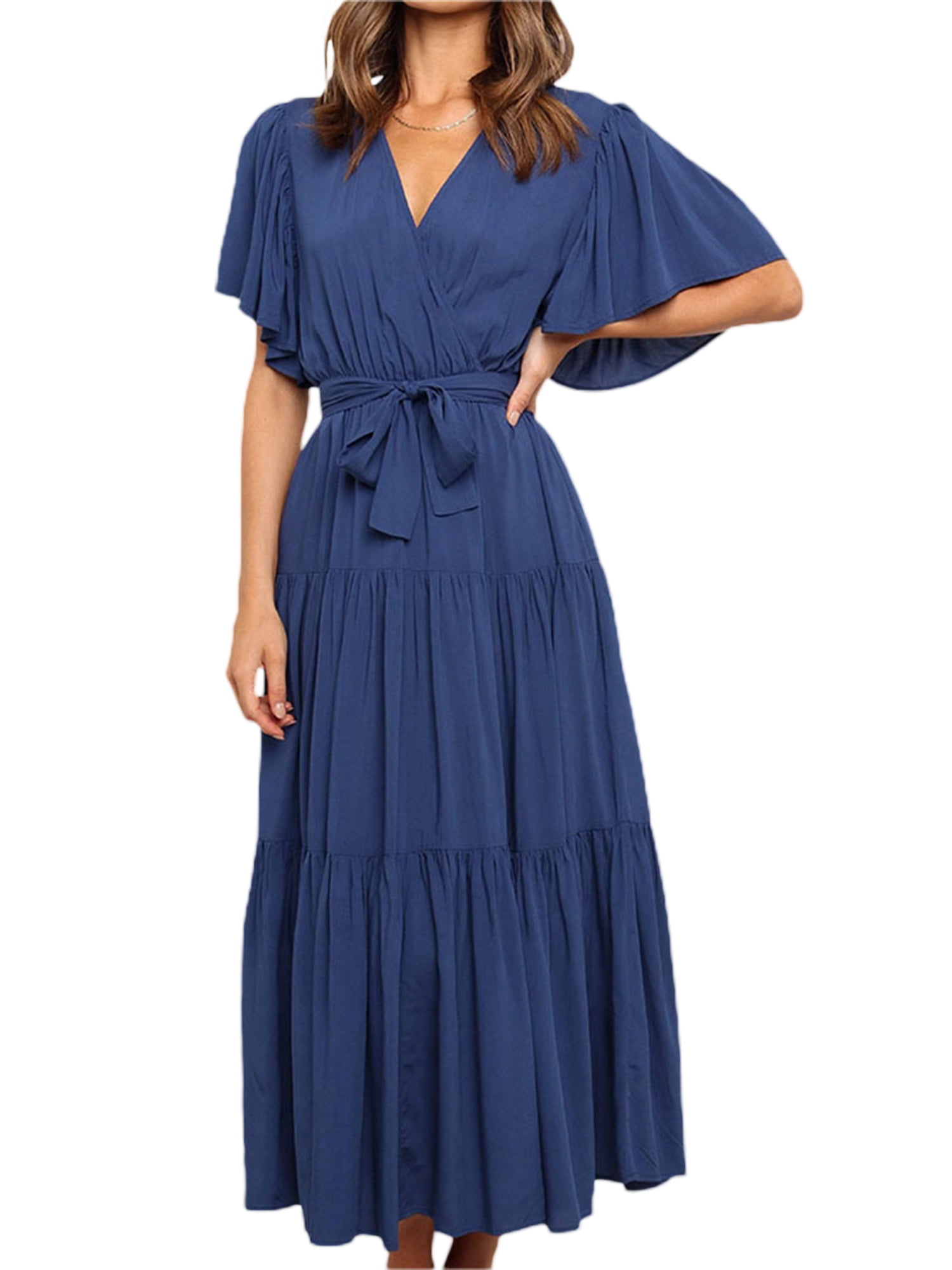 wybzd Women's Summer Wrap V Neck Ruffle Sleeve Tiered Loose Dress Tie