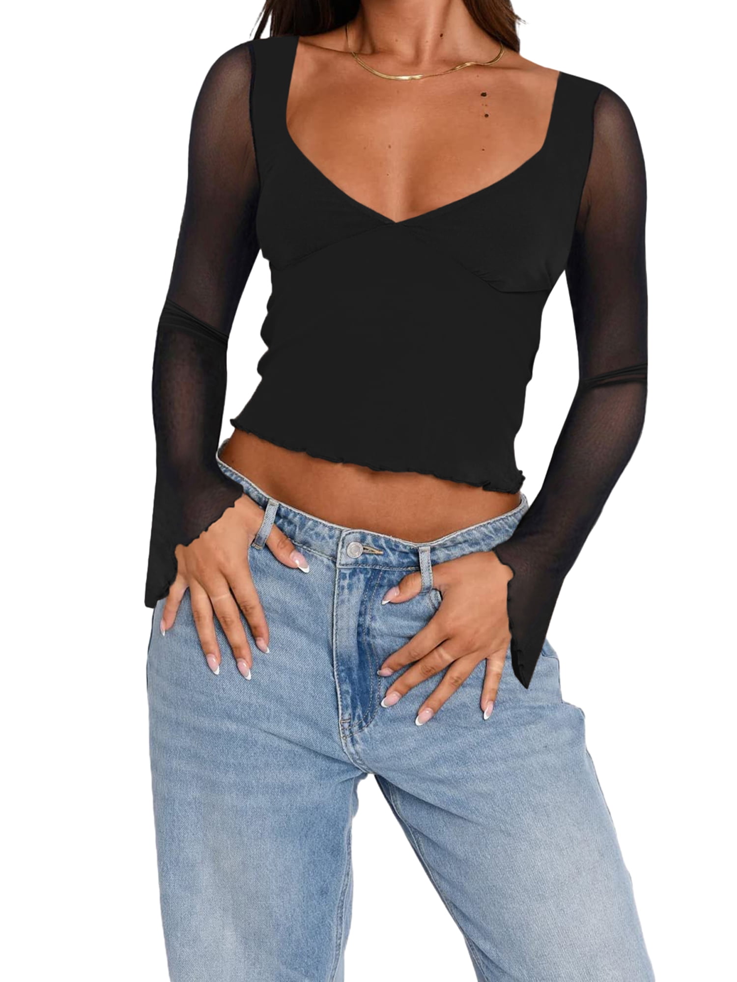 wybzd Women's Sweetheart Neck Sheer Mesh Long Sleeve Crop Top T-Shirt Black  M 