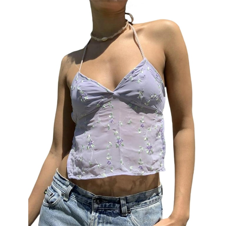 wybzd Women's Y2k Sleeveless Lace Cami Tank Top Spaghetti Strap Slim Fit V  Neck Backless Crop Top Streetwear Purple M
