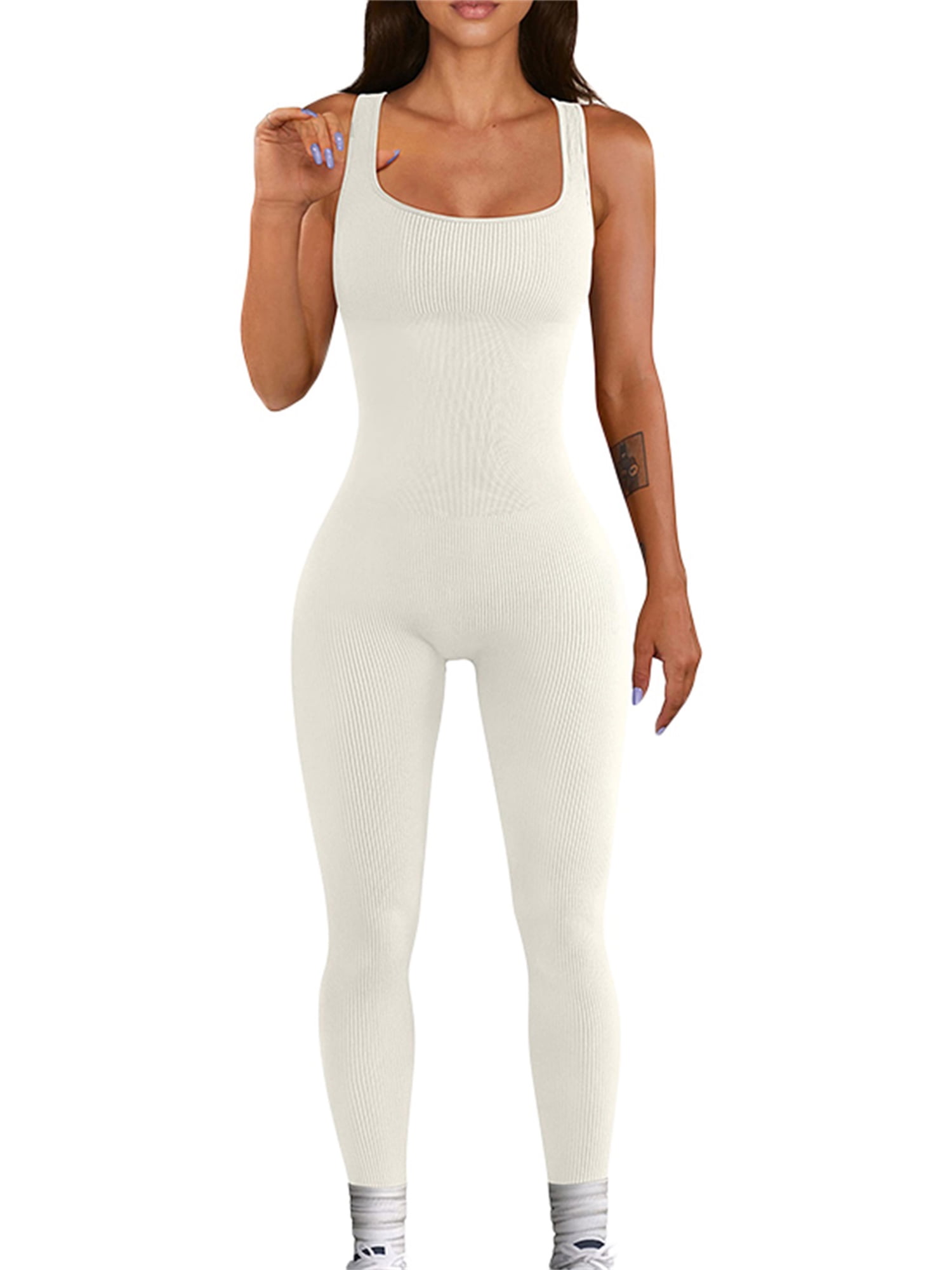 wybzd Women's Yoga Bodycon Jumpsuits U-Neck Sleeveless One Piece Workout  Gym Sport Ribbed Jumpsuit White XL
