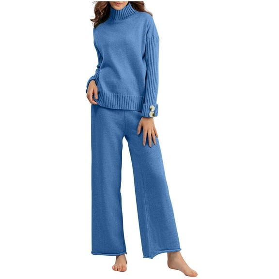 wycnly 2 Piece Sweater Sets for Women Turtleneck Sweater Lounge Sets for Women Loose Cozy Knitted Pullover Tops and Wide Leg Pant 2 Piece Outfits Set Casual Solid Homewear Sets Holiday