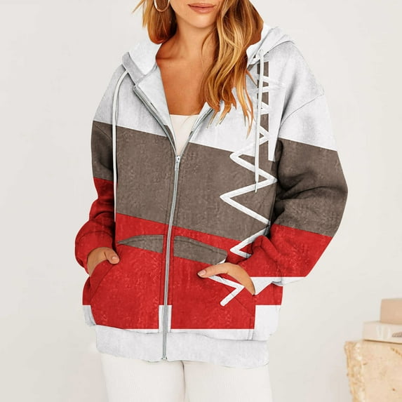 wycnly 2023 Winter Womens Sweatshirt Coat Women Hooded Outwear Tops Trendy Color Patchwork Drawstring Hoodies Sweatshirt Coat Fall Long Sleeve Open Front Zip Loose Jacket with Pocket Up to 65% off