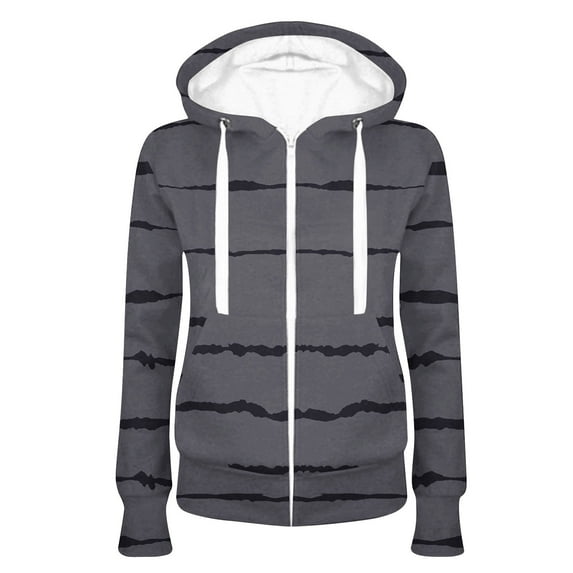 wycnly 2023 Winter Womens Sweatshirt Coats Womens Sweatshirts Coats Winter Lightweight Long Sleeve Open Front Zipper Outwear Fashion Striped Print Drawstring Hooded Outwear with Pocket Up to 65% off