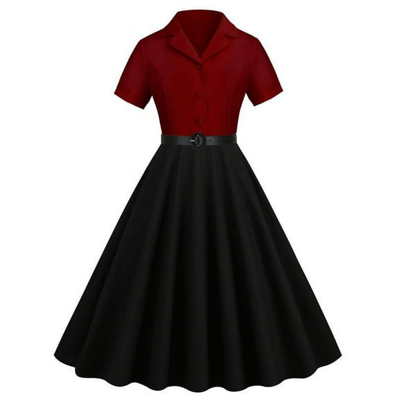 wycnly Formal Dresses for Women Button up Empire Waist Flowy Pleated Swing Vintage 1950S A Line Dresses with Belt Lapel Short Sleeve Color Patchwork Summer Midi Dress Wine m