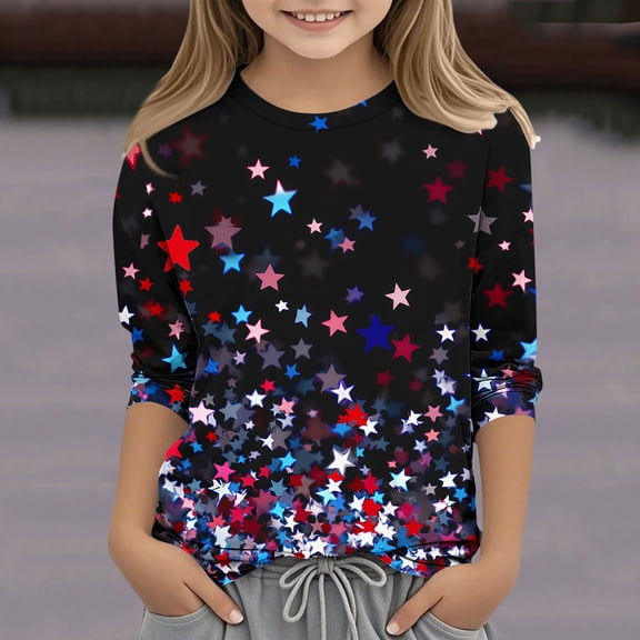 wycnly Girls Clothes Tee Top for Kids Kid's Independence Day 4th of July Loose Fit Crewneck Patriotic Tshirts Blouses Trendy Star Print 3/4 Sleeve Tops Girls Tops(Size:9 Years)