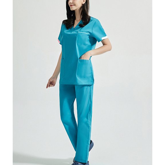 wycnly Holiday Nurse's Uniform Sets for Women 2 Piece Scrubs Set for Women V Neck Short Sleeve Nurse's Tunic Tops with Pocket Long Pant Lounge Set Casual Solid Working Suits up to 60% off