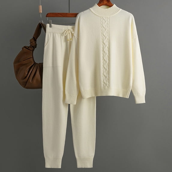 wycnly Holiday Sweater Sets for Women Womens Knitted Lounge Set Casual Solid Long Sleeve Pullover Sweater and Drawstring Jogger Pant 2 Piece Outfit Ladies Loungewear Suits up to 60% off