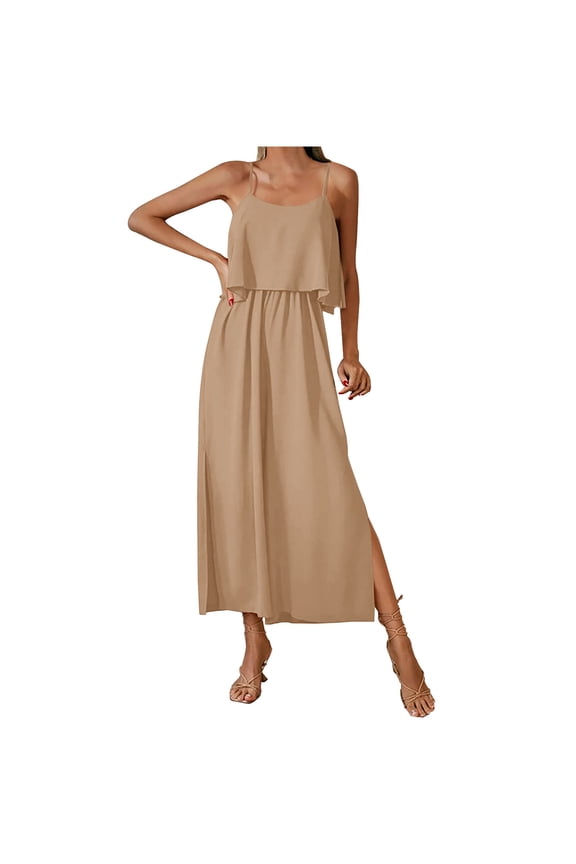 Jumpsuits for Women Beach Fashion Ruffle Layer Slit Elastic Waist Spaghetti Strap Long Jumpsuits Overalls Summer Formal Solid Round Neck Sleeveless Maxi Rompers Beige xl