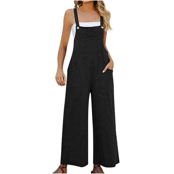 wycnly Jumpsuits for Women Dressy Comfort Cotton Linen Casual Solid Loose Straight Strap Long Jumpsuits with Pocket Summer Square Neck Sleeveless Plain Maxi Formal Rompers Black m