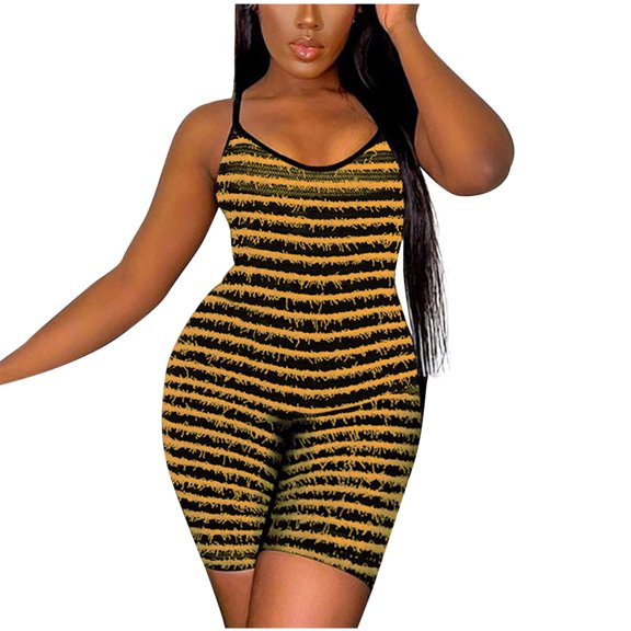 wycnly Jumpsuits for Women Sexy Slim Fit Wrap Hip Spaghetti Strap Workout Sports Jumpsuits Overalls Summer Formal Striped Print V-Neck Sleeveless Short Rompers Yellow xxl