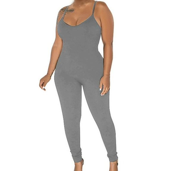 wycnly Jumpsuits for Women Soft Knitted Sexy Slim Fit Spaghetti Strap Workout Sports Maxi Jumpsuits Overalls Summer Formal Solid Round Neck Sleeveless Long Rompers Gray m