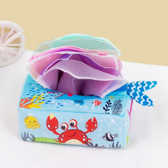 wycnly Kids Toys Baby Tissue Box with Teether Soft Stuffed Sensory Toys High Contrast Scarves with Crinkle Paper for Kids Educational Preschool Learning Toy