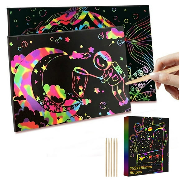 wycnly Kids Toys Scratch Paper Art Set 50 Pcs Scratch Paper for Kids Scratch Off Art Crafts Kits Notes with 5 Wooden for Girls Boys Toy Kids Toys