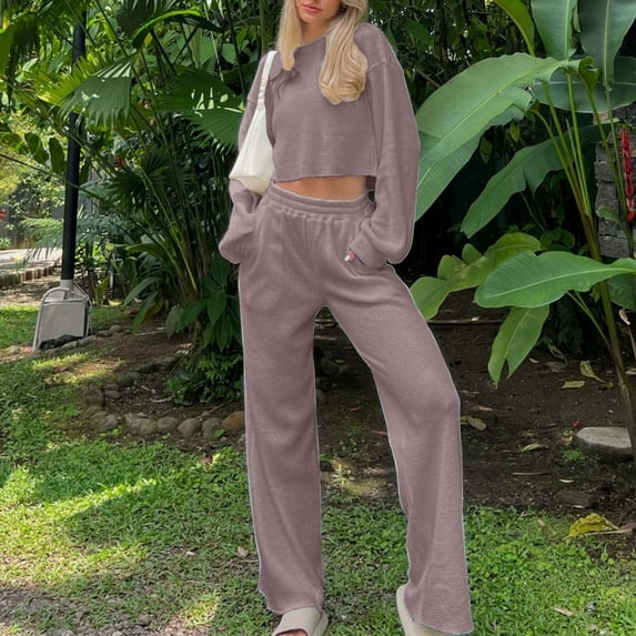 wycnly Lounge Set for Women Womens 2 Piece Outfits Casual Solid Cropped Pullover Tops and Elastic Waist Long Pant Sets Ladies Girl Pajama Sets Homewear Loungewear Sets Under $10