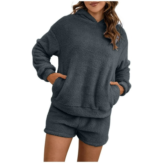 wycnly Loungewear Set for Women Womens Plush Pajama Sets Winter Soft Fleece Pullover Hoodies Tops and Shorts Homewear 2 Piece Outfits Matching Sets Casual Solid Pocket Lounge Sets Holiday