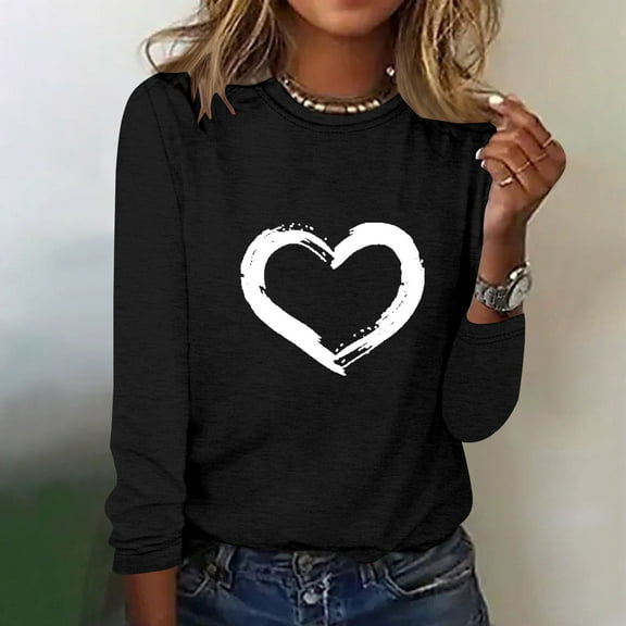 wycnly Sale Sweatshirt for Women Fall Comfort Lightweight Loose Fit Ladies Cute Pullover Tee Tops Winter Trendy Heart Print Round Neck Long Sleeve Blouses