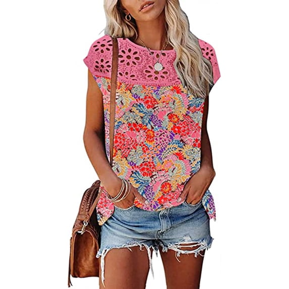 wycnly Shirts for Women Sexy Lace Patchwork Hollow out Loose Fit Pleated Hem Tee Tops Summer Trendy Floral Short Sleeve Round Neck Ladies Blouses Watermelon Red XL