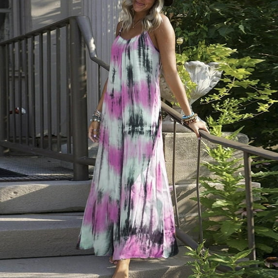 wycnly Summer Dresses for Women Sleeveless V-Neck Tie-Dye Maxi Sun Dress Beach Vacation Spaghetti Strap Plus Size Long Dresses