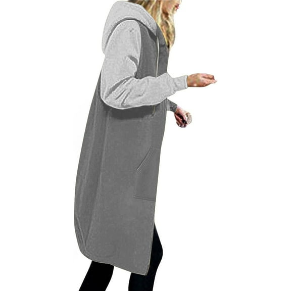 wycnly Sweatshirt Coat for Women Long Coat for Women Fashion Color Patchwork Drawstring Hooded Sweater Outwear Pocket Open Front Zipper Padded Fleece Overcoat Winter Sweatshirt Coat