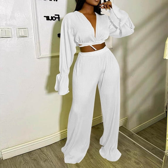 wycnly Tracksuits Set for Women Long Sleeve Cropped Pullover Top 2 Piece Sets for Women Casual Solid High Waist Wide Leg Long Pant Outfits Sets Ladies Pleated Lounge Sets Under $10