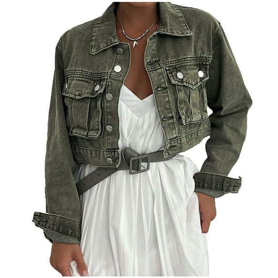 wycnly Winter Denim Jacket for Women Cropped Jean Coats for Women Fashion Button Down Lapel Cargo Denim Coats Long Sleeve Solid Comfy Stretchy Jean Outwear Denim Jacket Under $5