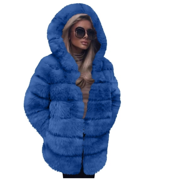 wycnly Winter Faux Fur Coat for Women Fluffy Plush Coat for Women Plus Size Fuzzy Fleece Open Front Hooded Outerwear Casual Solid Fuzzy Fleece Jacket with Pocket Faux Fur Coat Under $5