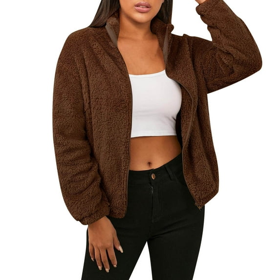 wycnly Winter Plush Coat for Women Womens Fuzzy Sherpa Coat Open Front Zipper Stand Neck Fluffy Fleece Jacket Long Sleeve Casual Solid Double Side Plush Outwear Casual Plush Coat
