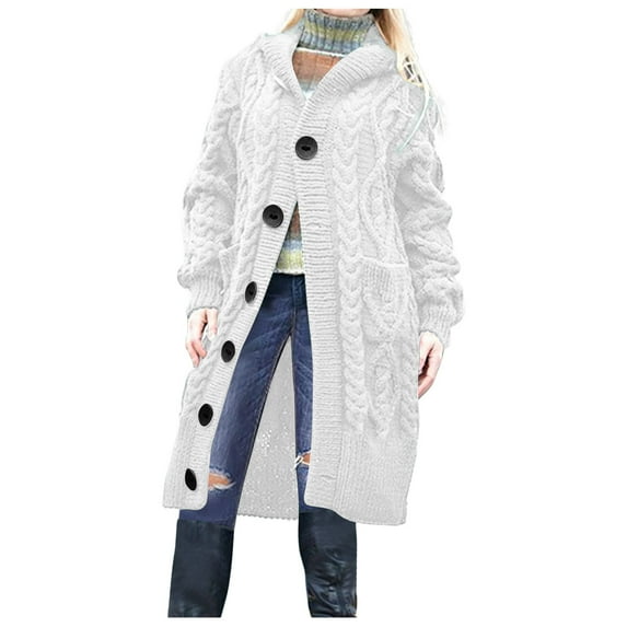 wycnly Winter Sweater Coat for Women Womens Sweater Overcoat Casual Solid Plus Size Button Down Hooded Long Coat Long Sleeve Pocket Comfy Knit Cardigan Outwear Casual Sweater Coat