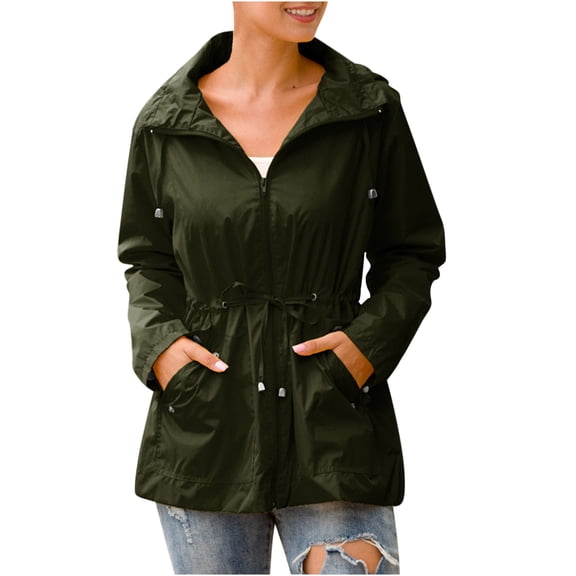 wycnly Winter Womens Raincoat Rain Jacket for Women Drawstring Elastic Waist Outdoor Lightweight Windbreaker Coat Long Sleeve Casual Pocket Solid Hooded Outwear Up to 65% off