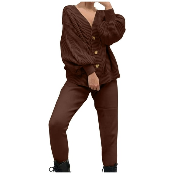 wycnly Womens Sweater Outfits Set Knit Sweater 2 Piece Outfits for Women Casual Solid Button Sweater Cardigan Coat and Long Pant Lounge Sets Plus Size Ladies Sweater Suits