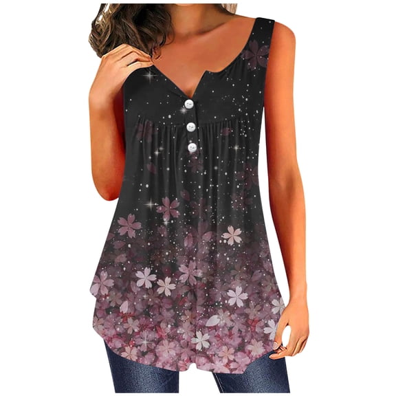 wycnly Womens Tank Tops Fashion Button Pleated Swing Henley Shirts Lightweight Belly Tunic Vest Summer Trendy Feather Print V-Neck Sleeveless Shirts Blouse Pink XXL