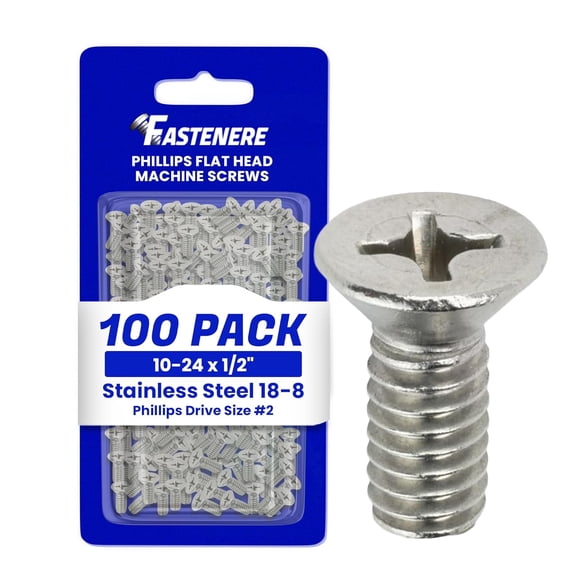 x 1/2" Flat Head Machine Screws, Phillips Drive, Stainless Steel 18-8, Full Thread, Bright Finish, Machine Thread, Quantity 100 by