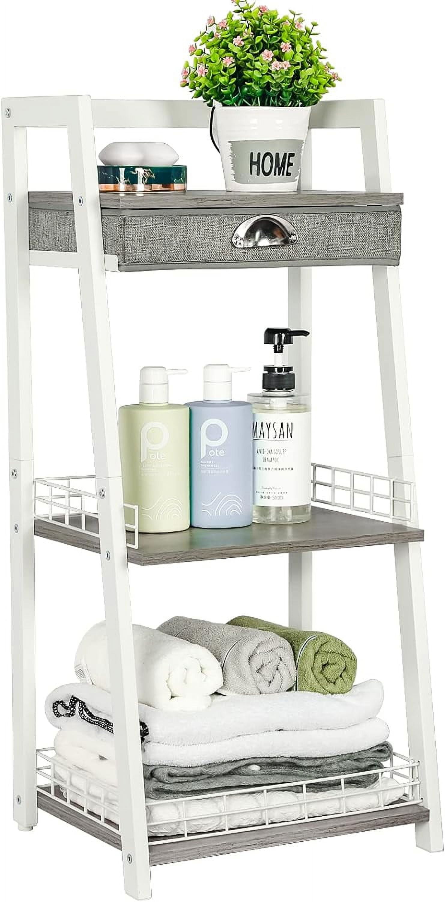 x Cosrack 3 Tier Bathroom Ladder Shelf Floor Storage Shelf with Drawer Freestanding Open Tower Shelving Unit for Bathroom Living Room Balcony White