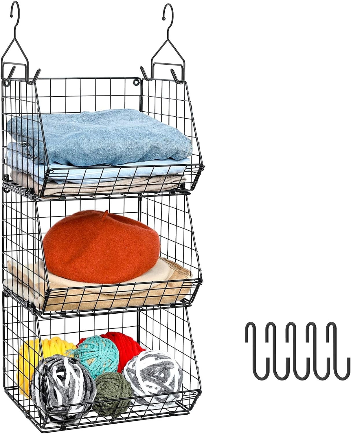 x-Cosrack 3 Tier Closet Hanging Organizer, Clothes Hanging Shelves with 5 S Hooks, Stackable Storage Bins Foldable Closet Organizers for Clothing, Handbag, Toys, Black