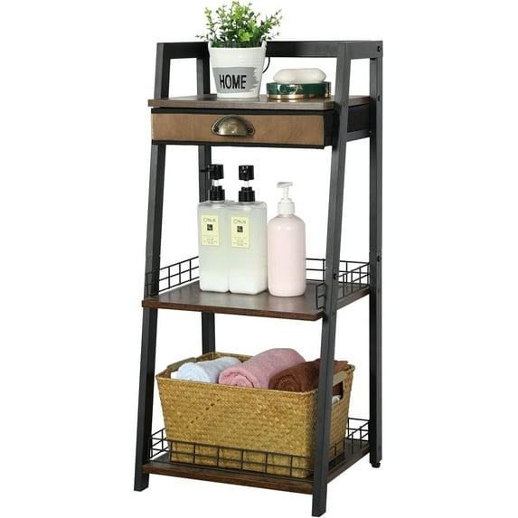 x-Cosrack 3-Tier Ladder Shelf,Bathroom Storage Shelf with Drawer,Rustic Bookcase Storage Rack Organizer, for Living Room,Home Office,Bedroom,Balcony