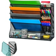 x-Cosrack File Organizer Wall Mount,4 Tier Desk Metal File Holder with 4 Pen Slots Stable R-shaped Bottom 4 Pull-out Devider,Black