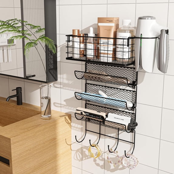 x-Cosrack Hair Dryer Holder Styling Tool Organizer 4-Shelf Storage Wire Basket with Hook Heat Safe Rack for Wall Mounted/Cabinet Door, Black