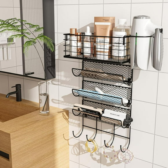 x-Cosrack Hair Dryer Holder Styling Tool Organizer 4-Shelf Storage Wire Basket with Hook Heat Safe Rack for Wall Mounted/Cabinet Door, Black